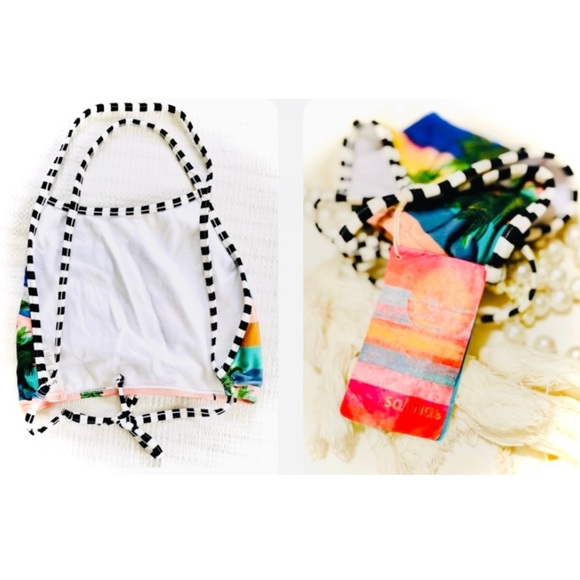 SALINAS | S | High Neck Palm Coral Sunset Bikini Black White Striped Sport Top - Picture 14 of 16